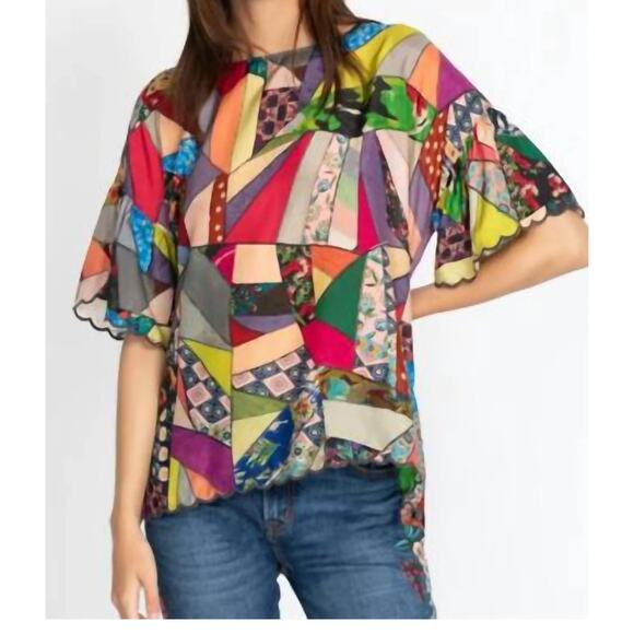 Johnny Was Patchwork 100% Silk Blouse Large Eloise L Colorful Top Boho - Picture 1 of 9